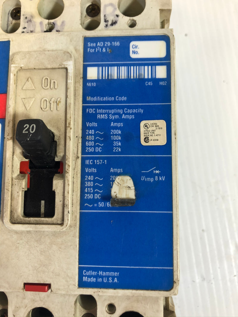 Cutler-Hammer FDC3020L Circuit Breaker Series C 3-Pole 20A 6609C48G85