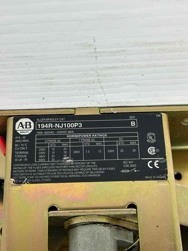 Allen Bradley 194R-NJ100P3 Disconnect Switch Series B 100A 600VAC-250VDC Max