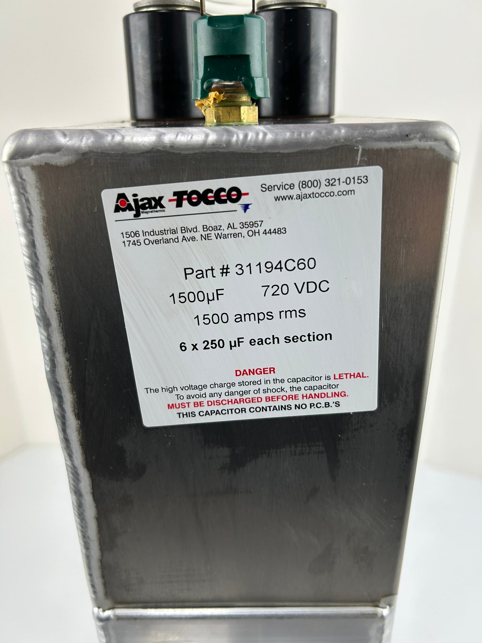Ajax TOCCO 31194C60 1500uF 720VDC High Energy Capacitor Assembly