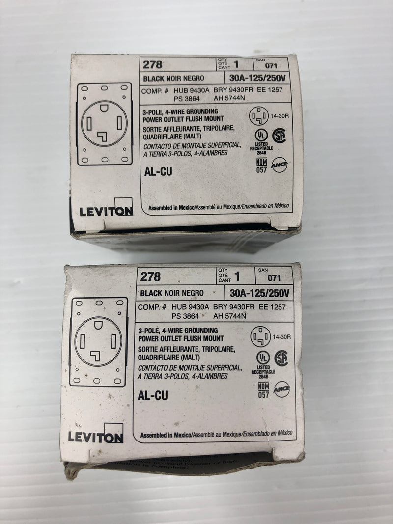 Leviton 278 Grounding Power Outlet 3P 4-Wire 30A Flush Mount Black - Lot of 2