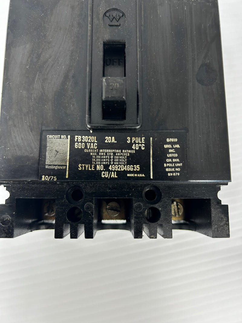 Westinghouse FB3020L Circuit breaker 20A 3P 600VAC