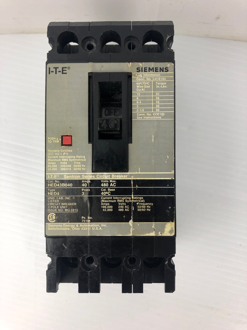 Siemens HED43B040 Circuit Breaker 40A ITE Sentron Series HED4 480VAC 3P