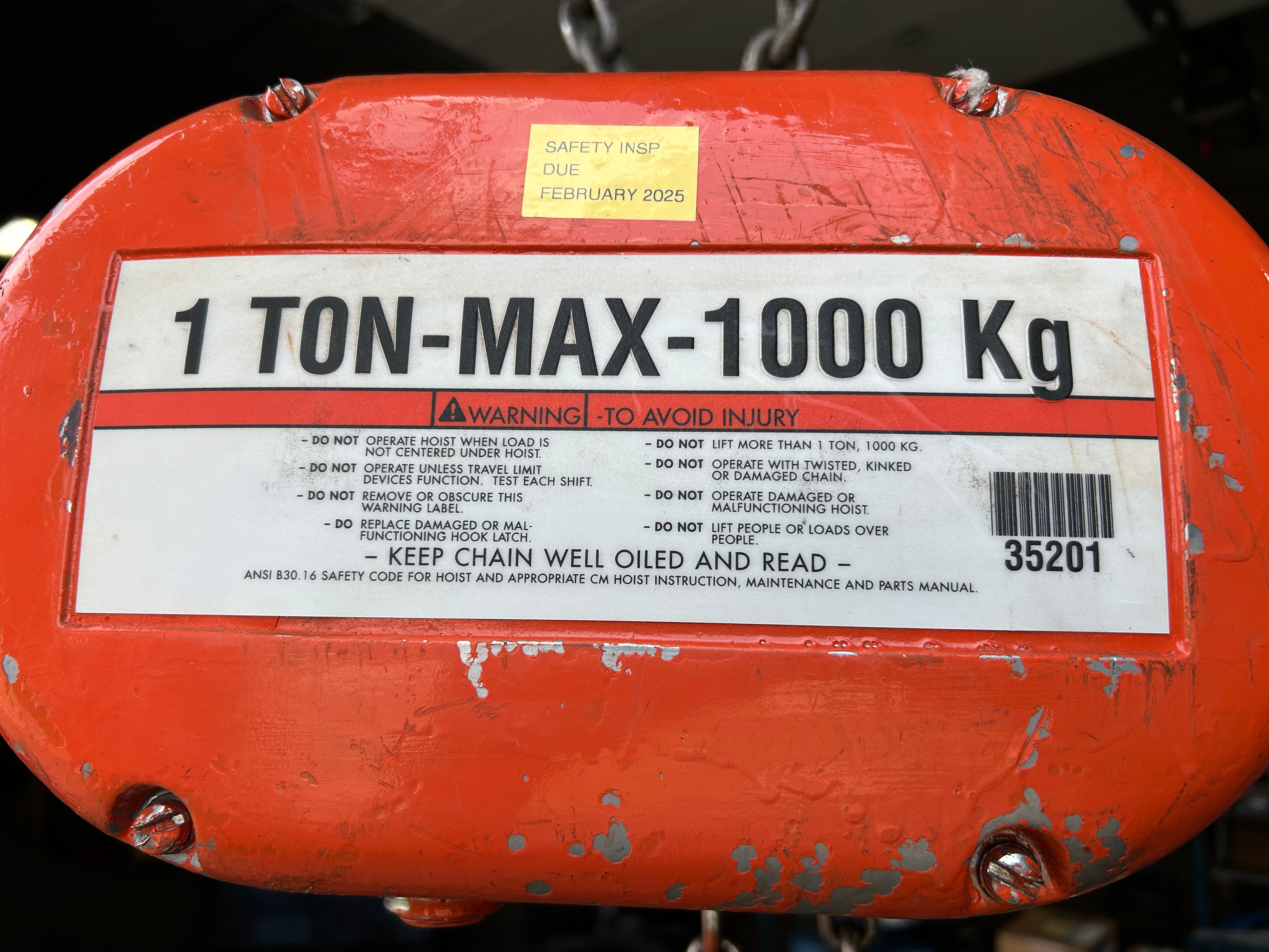 CM Lodestar L2 Chain Hoist 1 Ton 16/5FPM 1/.33HP 2.4/2.5A 1000kg 460V 3PH 60 Hz