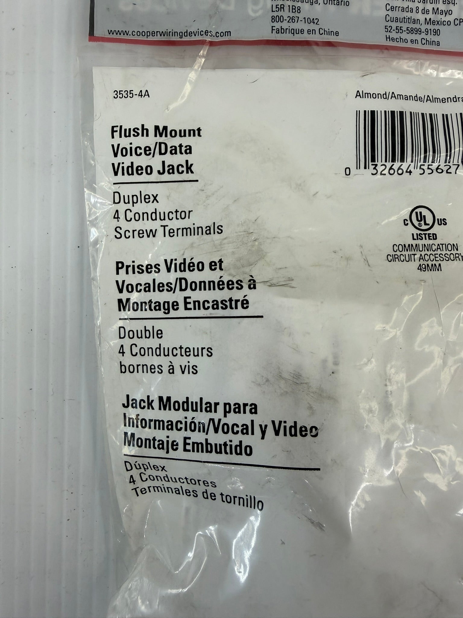 Cooper Wiring Flush Mount Voice/Data Video Jack 3535-4A Lot of 4