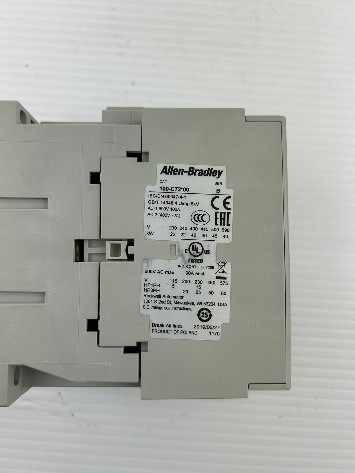 Allen-Bradley 100-C72D10 Series B Contactor 72A 400V