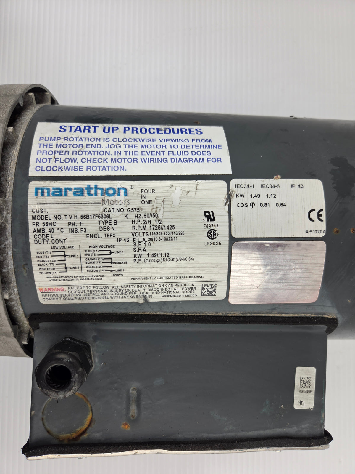 Marathon G575 2HP 1725 RPM 1PH Motor TVH56B17F5306L with Pump Assembly 115/230V