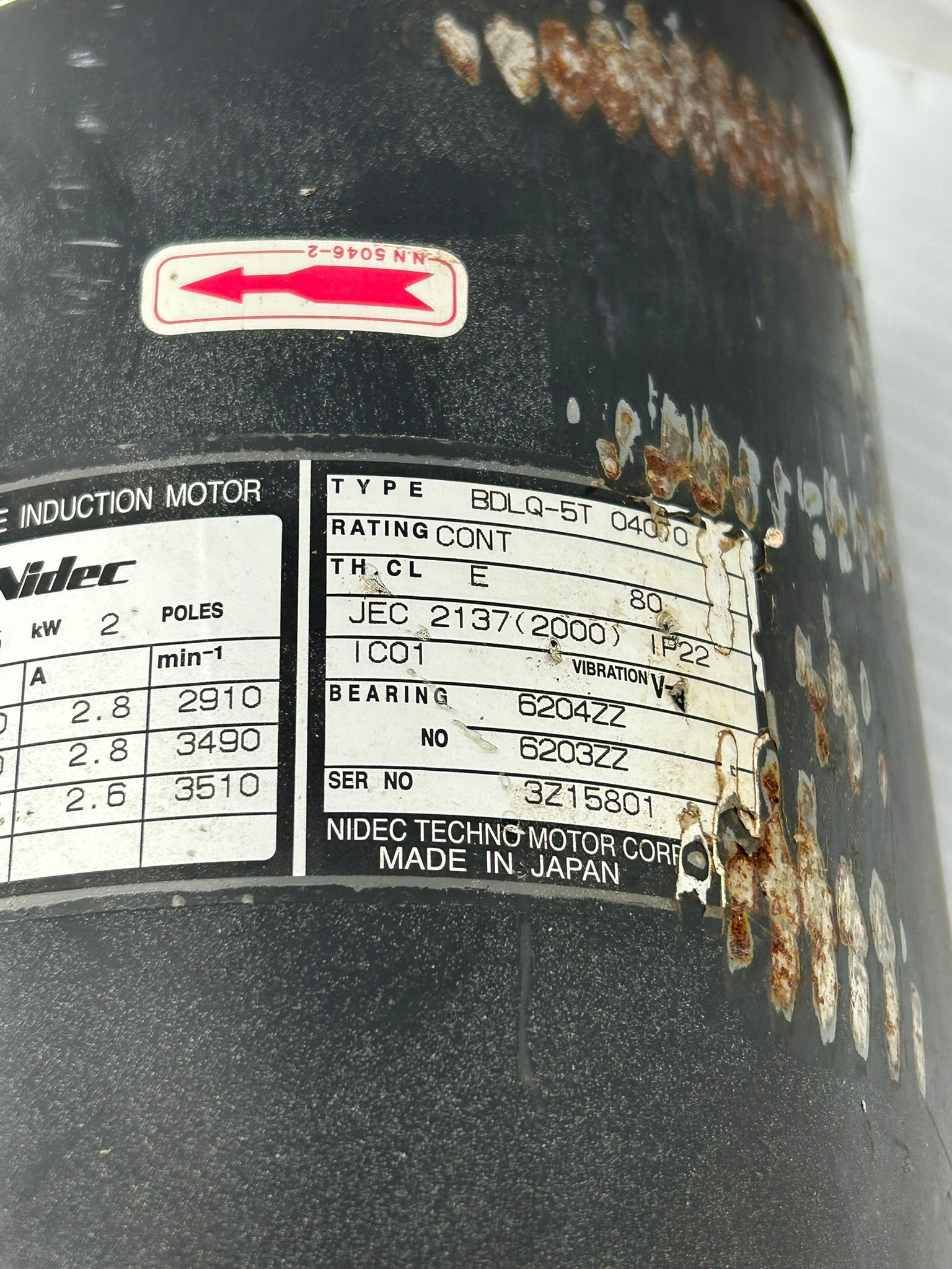 Nidec BDLQ-5T 040T0 3 Phase Induction Fan Motor 0.75kW 2 Poles