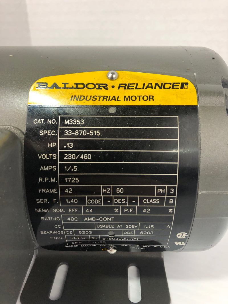 Baldor Reliance M3353 Industrial Motor 0.13HP 1725 RPM 230/460V 1/.5A 3PH