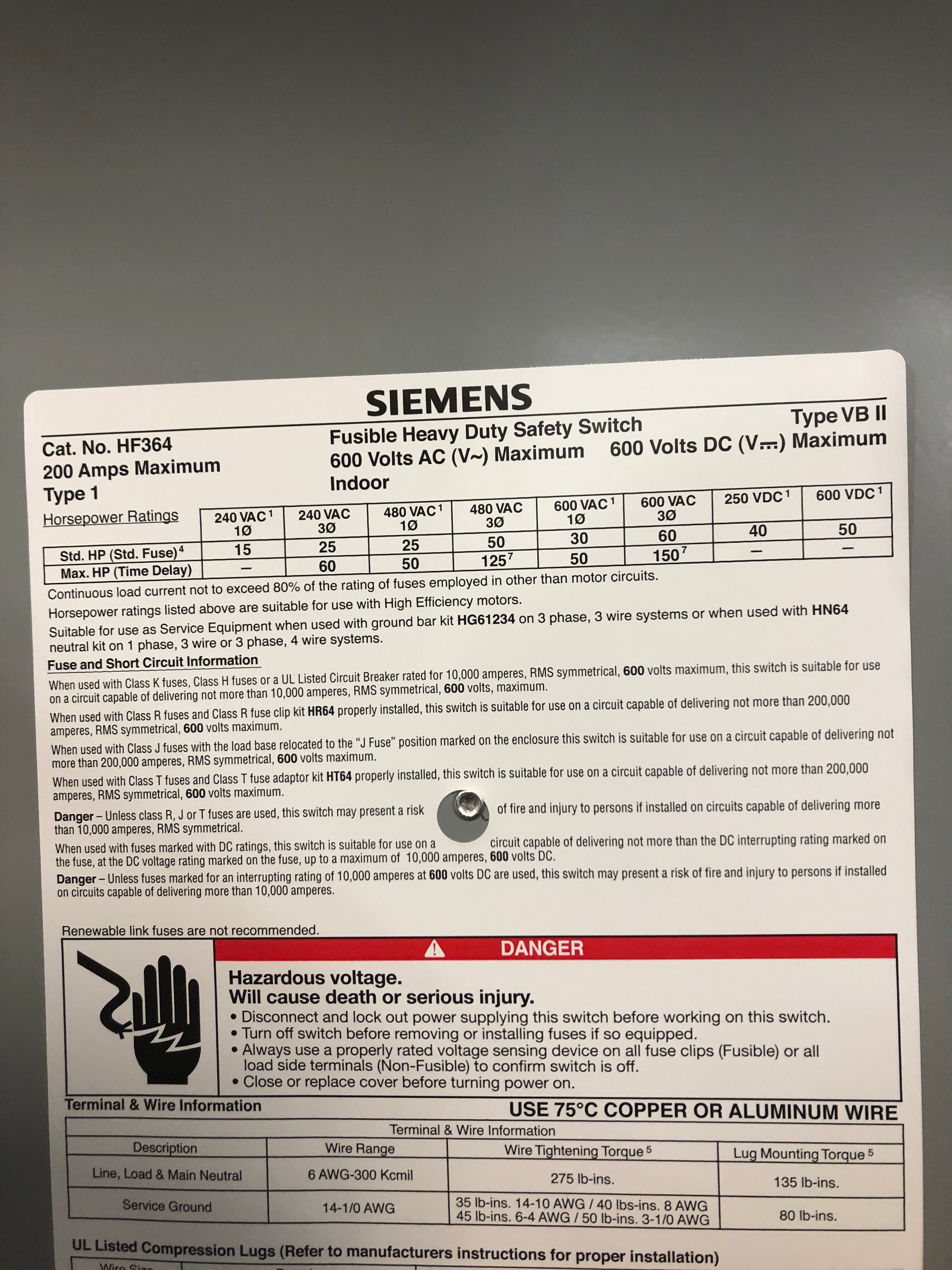 Siemens HF364 Heavy Duty Safety Switch Type 1 600V 200A