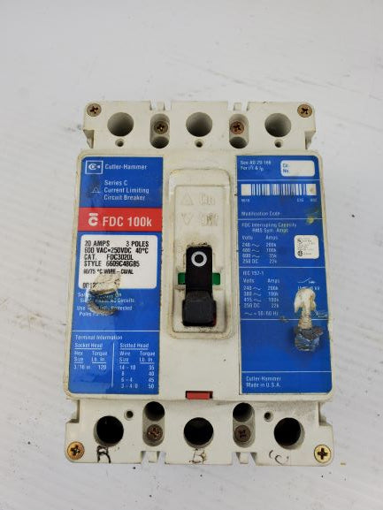 Cutler-Hammer FDC3020L Circuit Breaker Series C 3-Pole 20A 6609C48G85