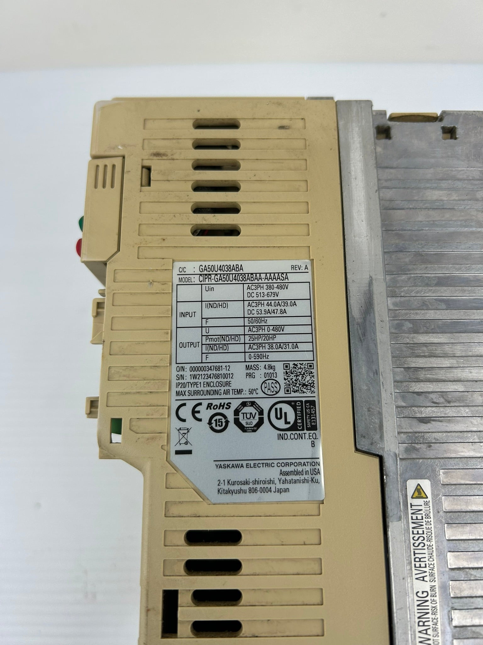 Yaskawa Electric CIPR-GA50U4038ABAA-AAAASA Industrial AC Drive Rev A No Top Cov