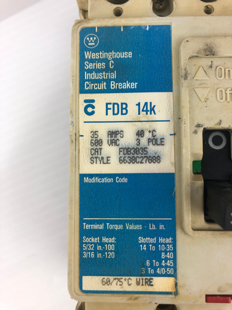 Westinghouse FDB 14K Industrial Circuit Breaker Ser. C 600VAC 35A 3P 50/60Hz