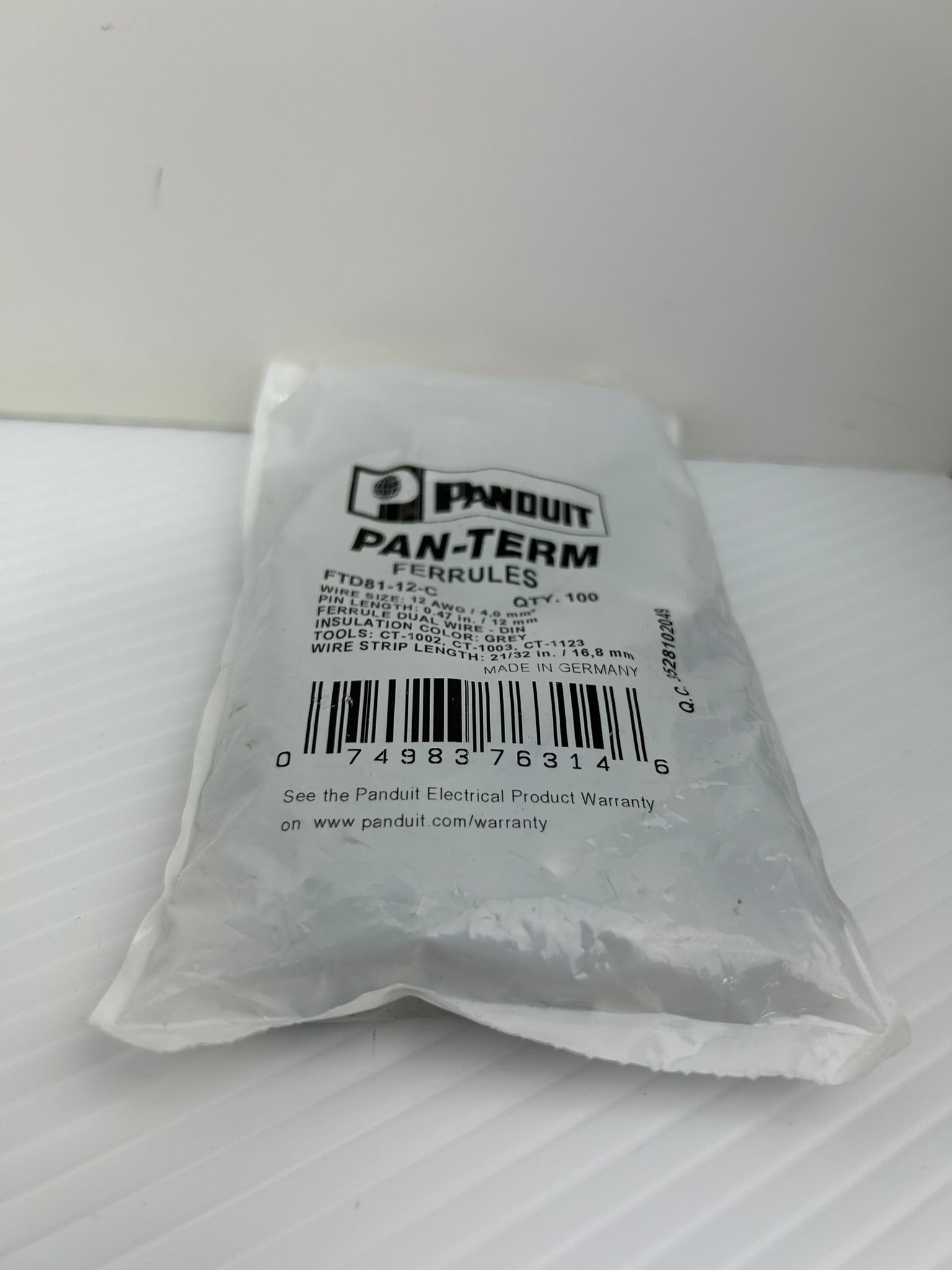 Panduit FTD81-12-C Pan-Term Grey Covered Ferrules - 5 Bags of 100 (500 Total)