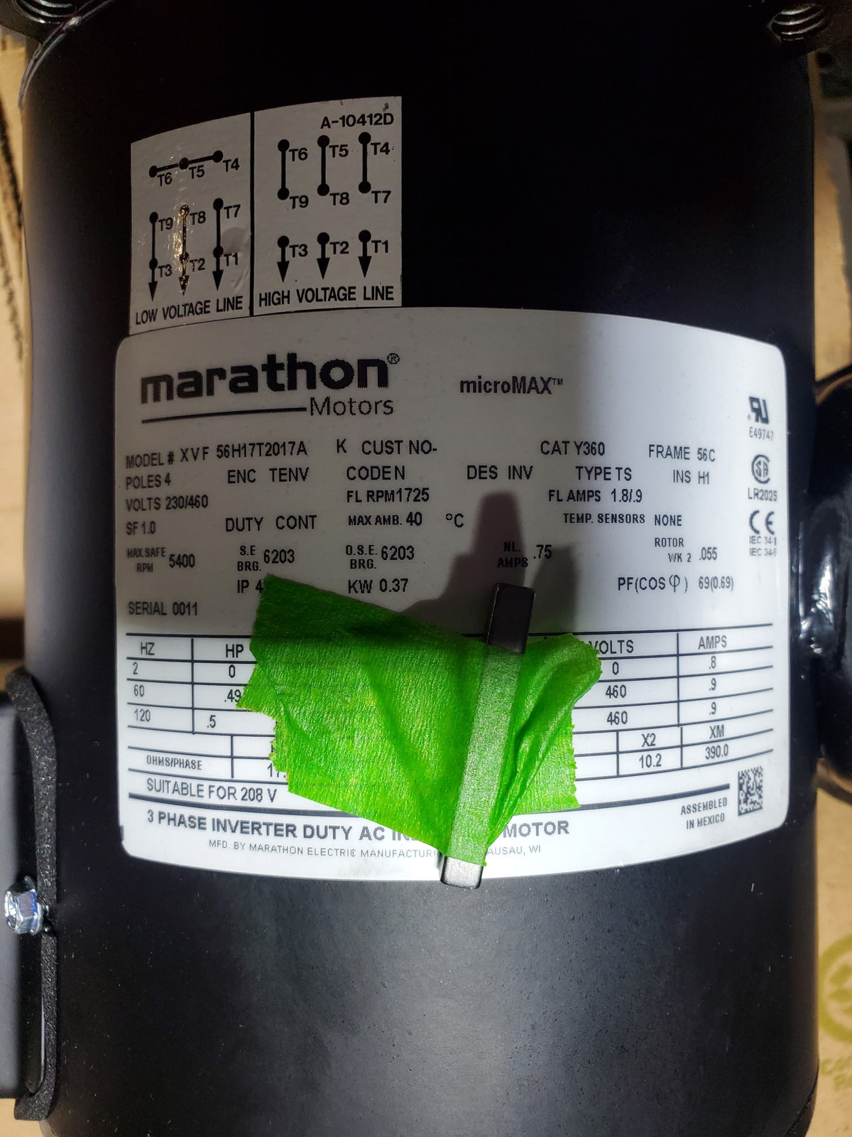 Marathon 56H17T2017A MicroMax Electric Motor 1725 RPM 0.5 HP 3 PH 56C Frame