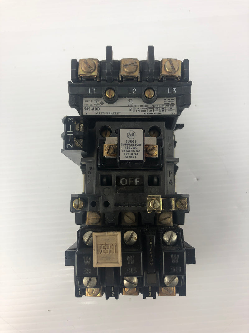 Allen-Bradley 509-A0D Motor Starter 592-B0W16 Overload Relay 595-A Aux. Contact