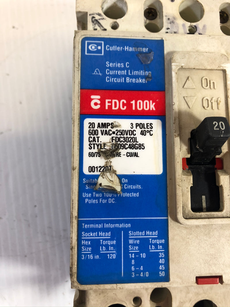 Cutler-Hammer FDC3020L Circuit Breaker Series C 3-Pole 20A 6609C48G85