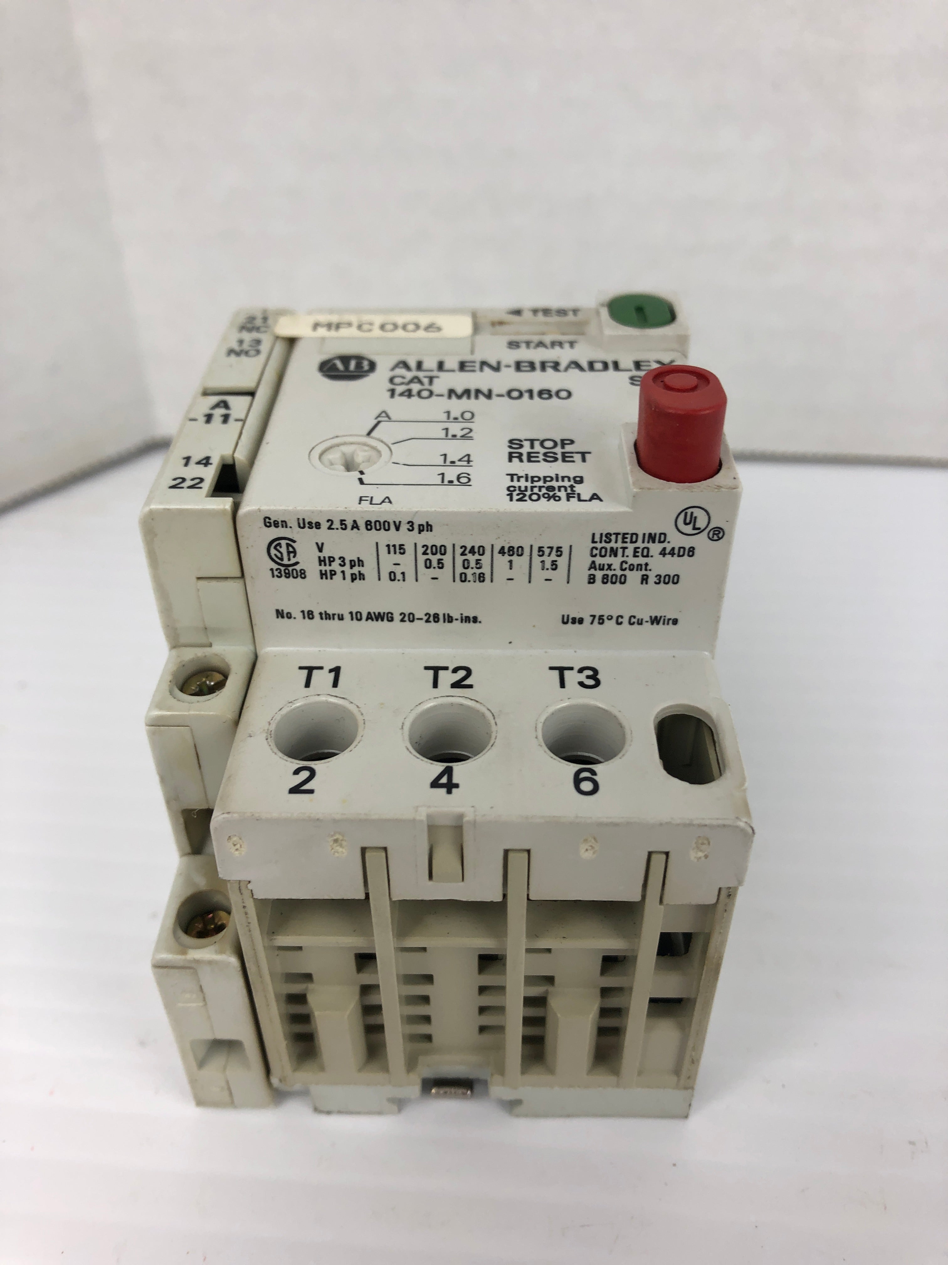 Allen Bradley 140-MN-0160 Manual Motor Starter Ser. C with 140-A11 Aux. Contact