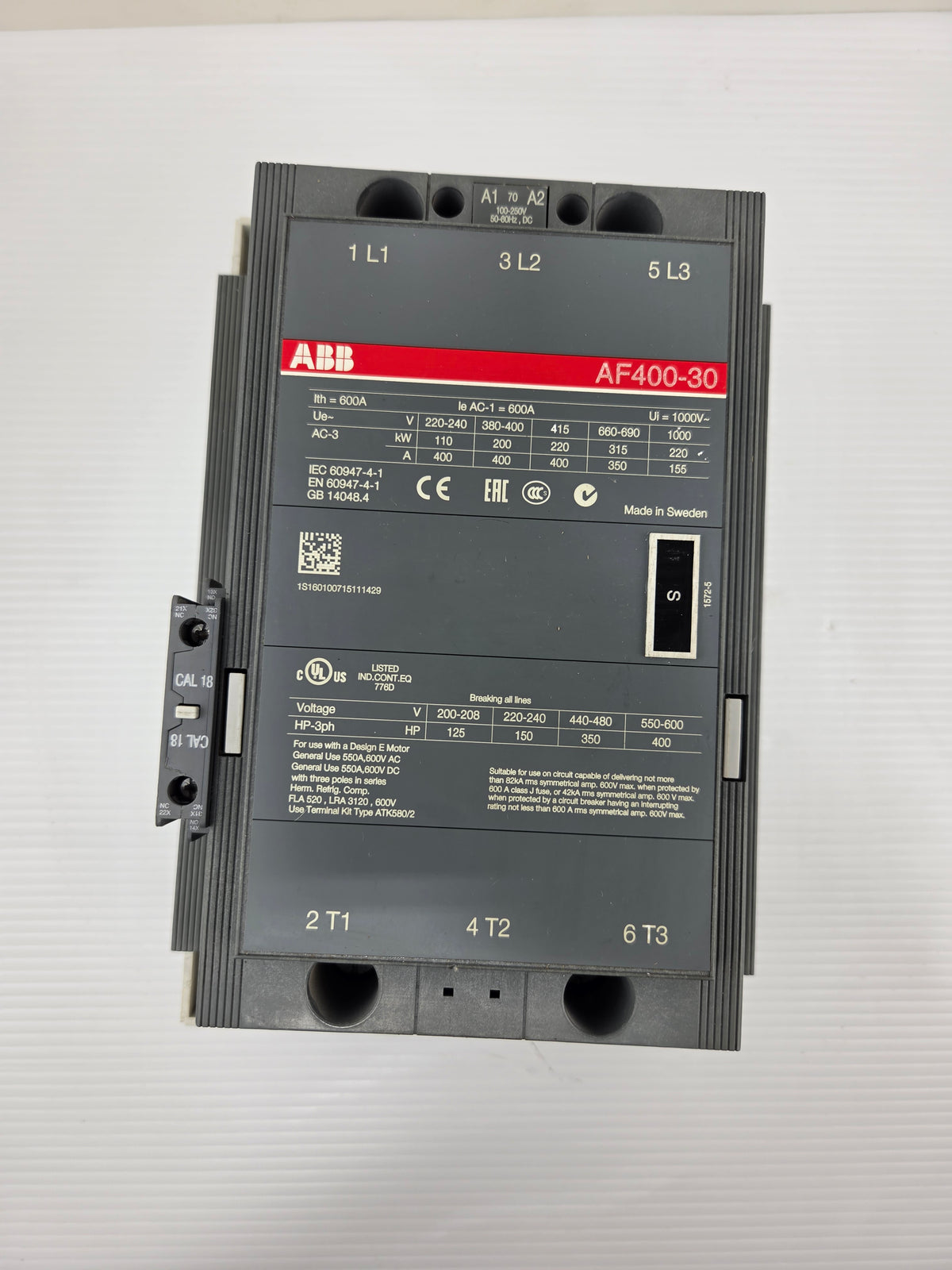 ABB AF400-30 IEC Contactor 400A AC-3 600A AC-1 3 Pole 100-250V AC/DC Coil