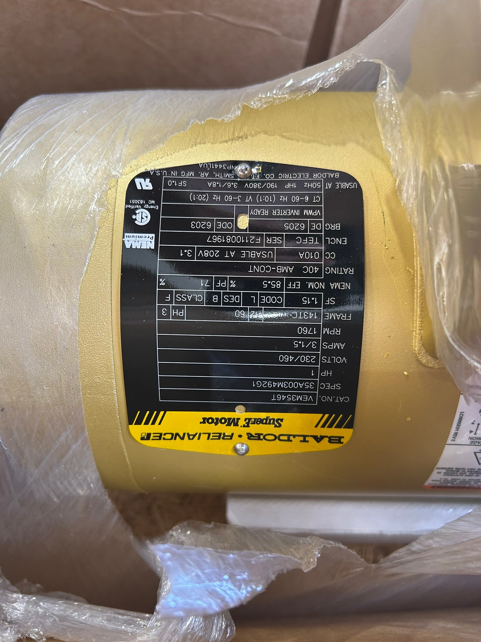 Baldor Reliance VEM3546T Super-E 1HP TEFC 3PH Electric Motor 230/460V 1760RPM
