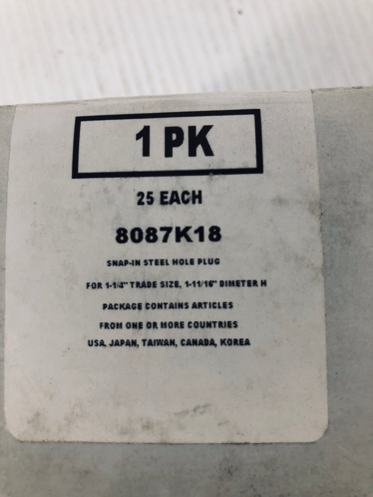 Steel Snap In Button Hole Plug 1-1/4" Trade Size 1-11/16 8087K18 - Box of 25