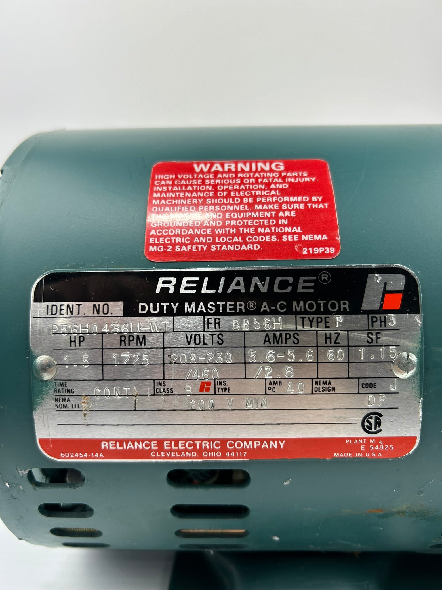 Reliance Electric 1.5HP P56H0436U-WT Duty Master AC Motor 1725RPM 3PH BB56H