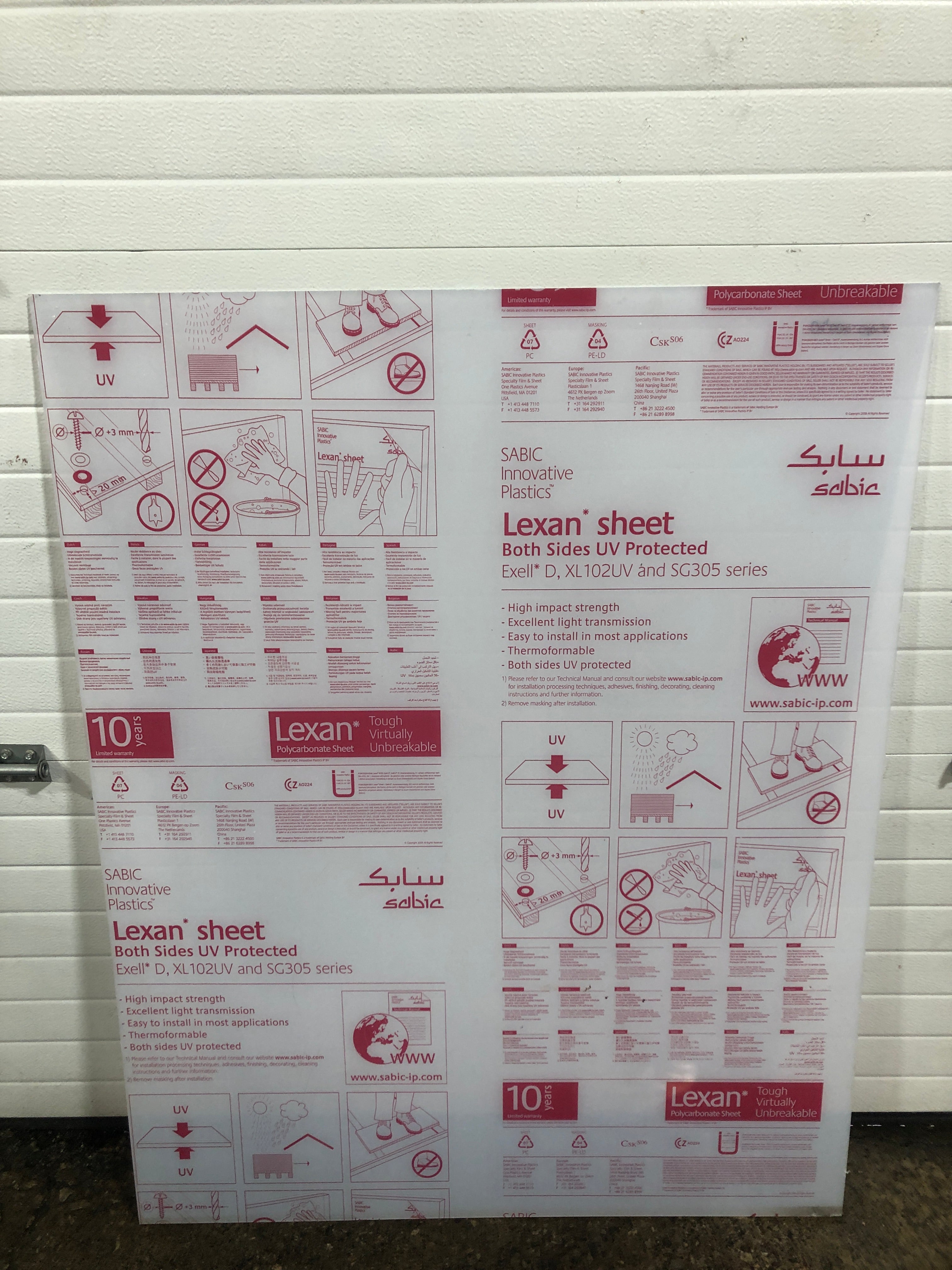 Sabic Innovative Plastics Lexan Polycarbonate Sheet 48" x 38" x 0.315”