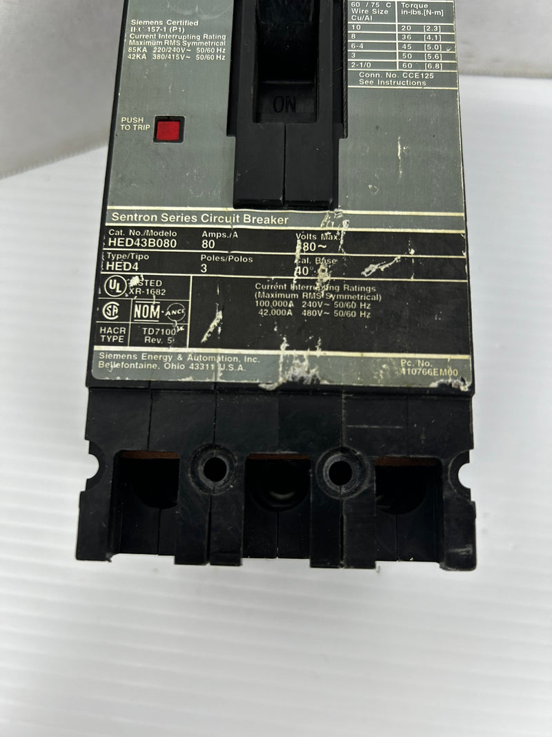 Siemens HED43B080 Circuit Breaker Sentron Series Type: HED4 480V 80A 3P 50/60Hz