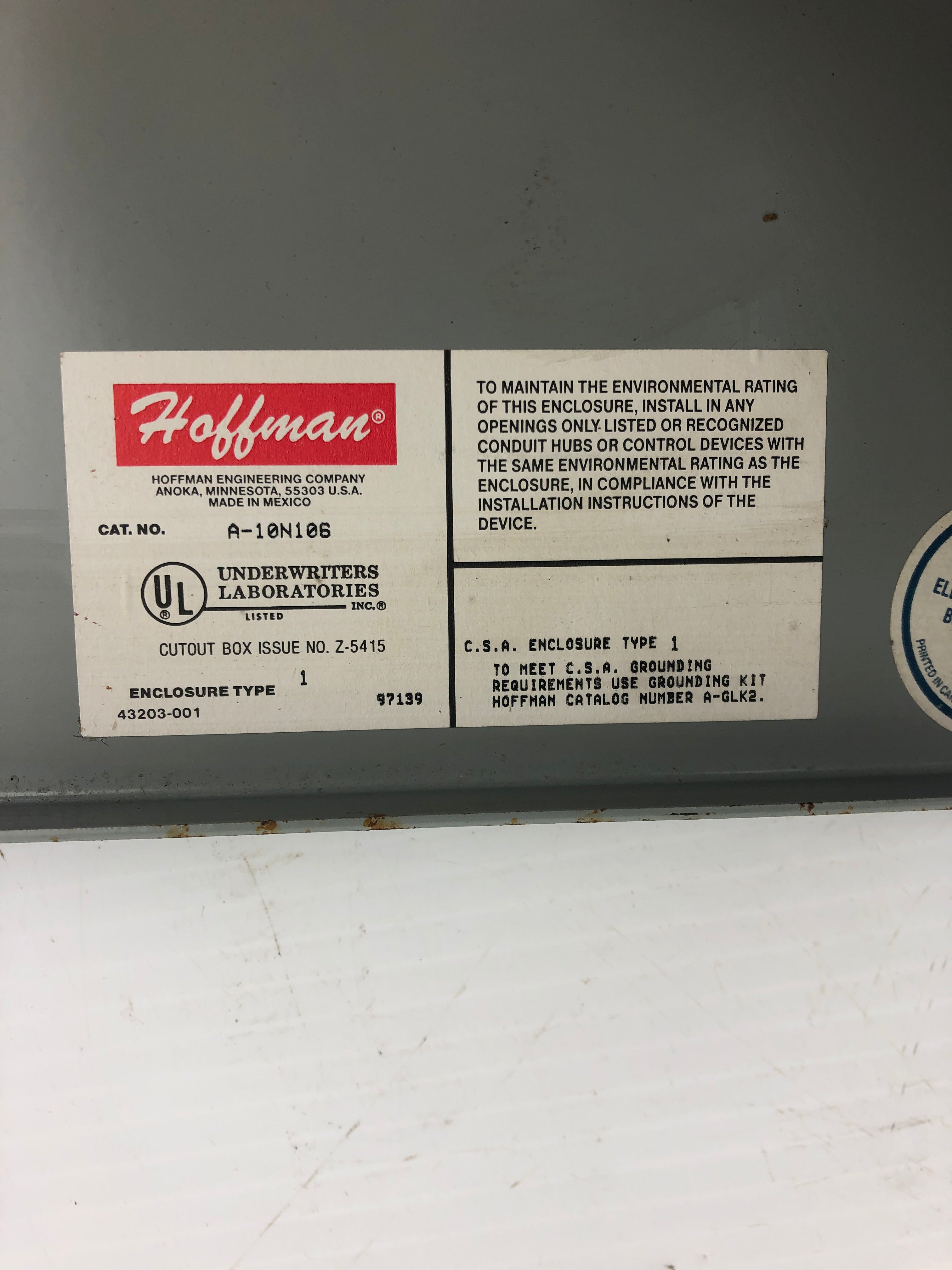 Hoffman A-10N106 Electrical Enclosure 11A 220V Type 1 with CE15CNS3 Contactor