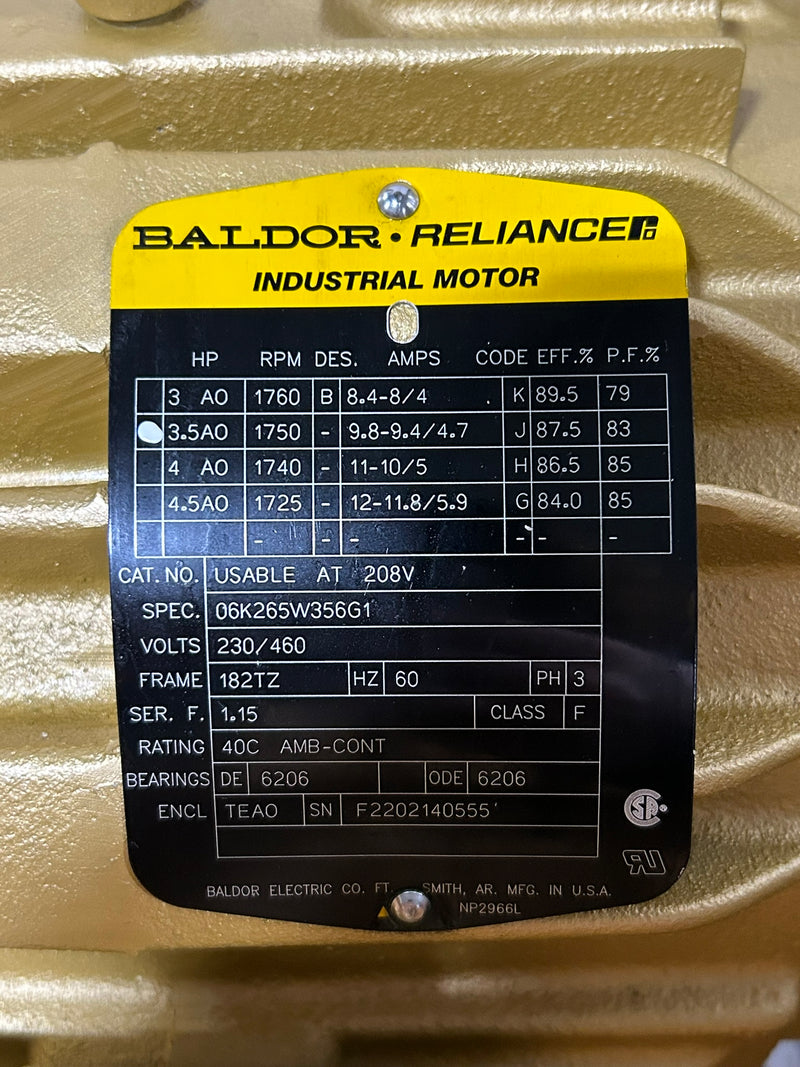 Baldor Reliance 06K265W356G1 AC Fan Motor 3-4.5HP 1760-1725 RPM 3PH 182TZ