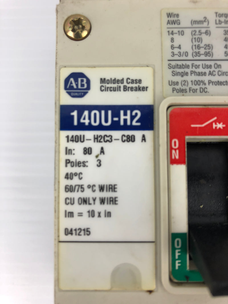 Allen-Bradley 140U-H2C3-C80 Molded Case Circuit Breaker 240-480V 80A 3PH 50/60Hz