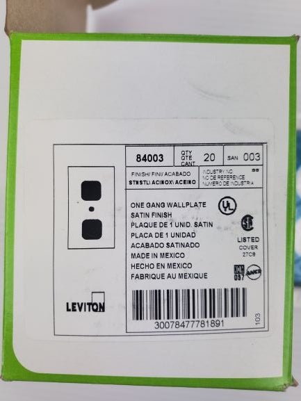 Leviton 84003 Stainless Steel Finish 1 Gang Wallplate (Box of 20)