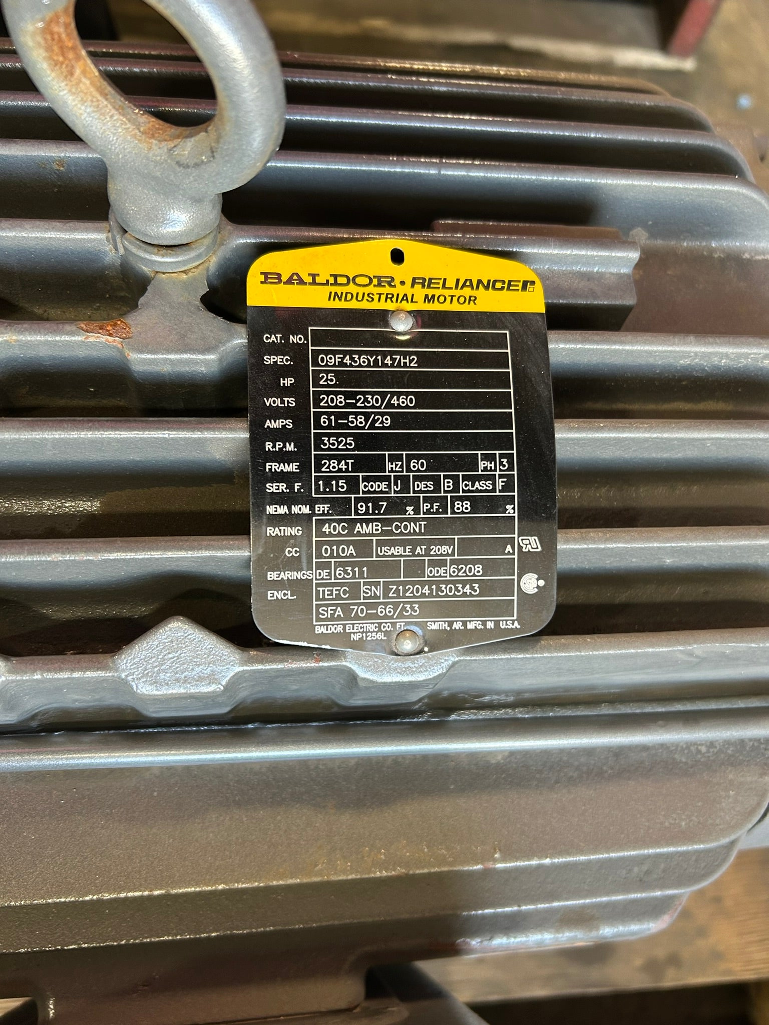 Baldor Reliance 09F436Y147H2 Industrial Motor HP 25 RPM 3525 Frame 284T PH 3