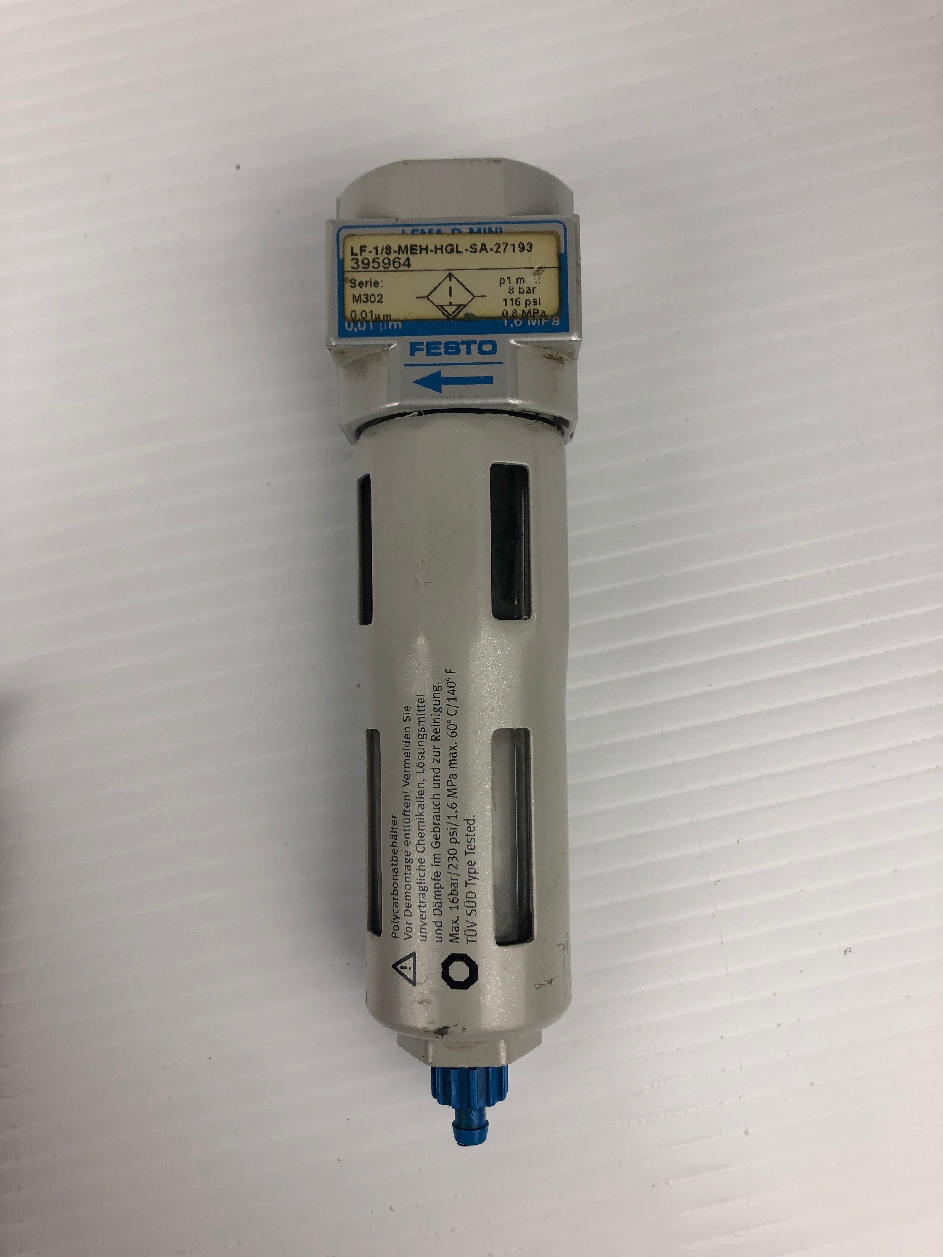 Festo LF-1/8-MEH-HGL-SA-27193 Filter Regulator 395964 Ser. M302 116PSI 8BAR