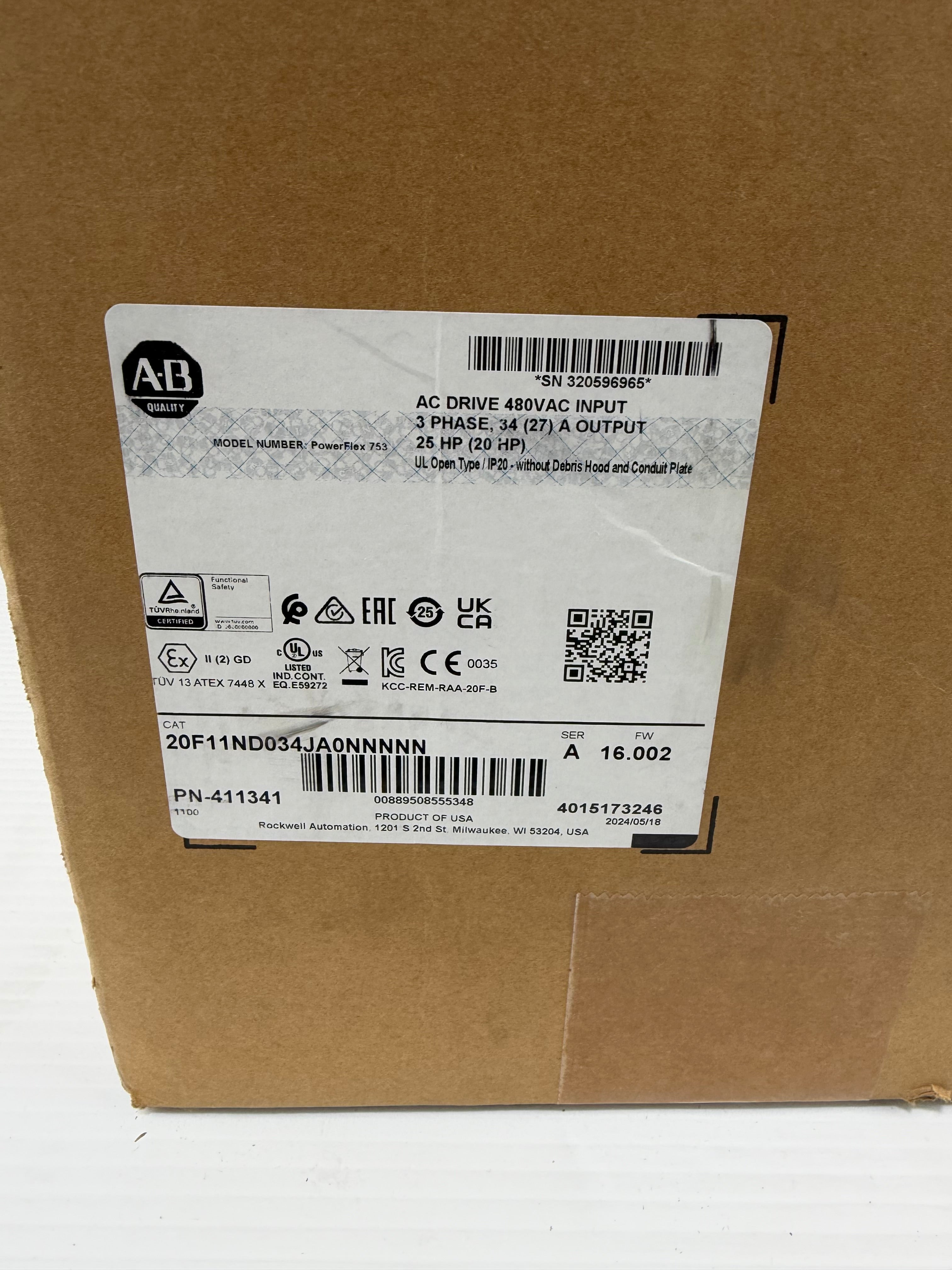 Allen Bradley PowerFlex 753 AC Drive 20F11ND034JA0NNNNN