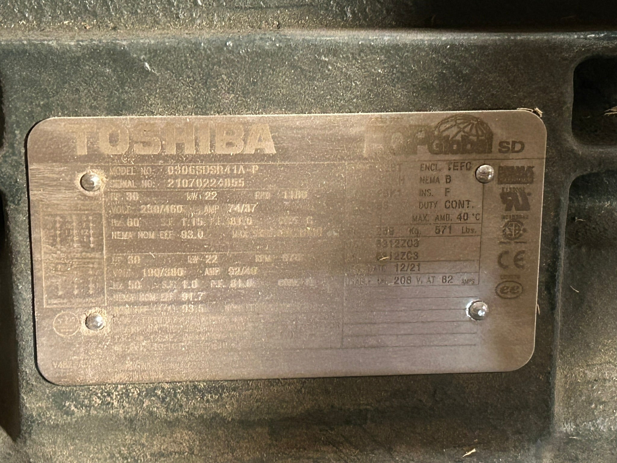 Toshiba 30 HP 1170 RPM 0306SDSR41A-P Industrial AC Motor