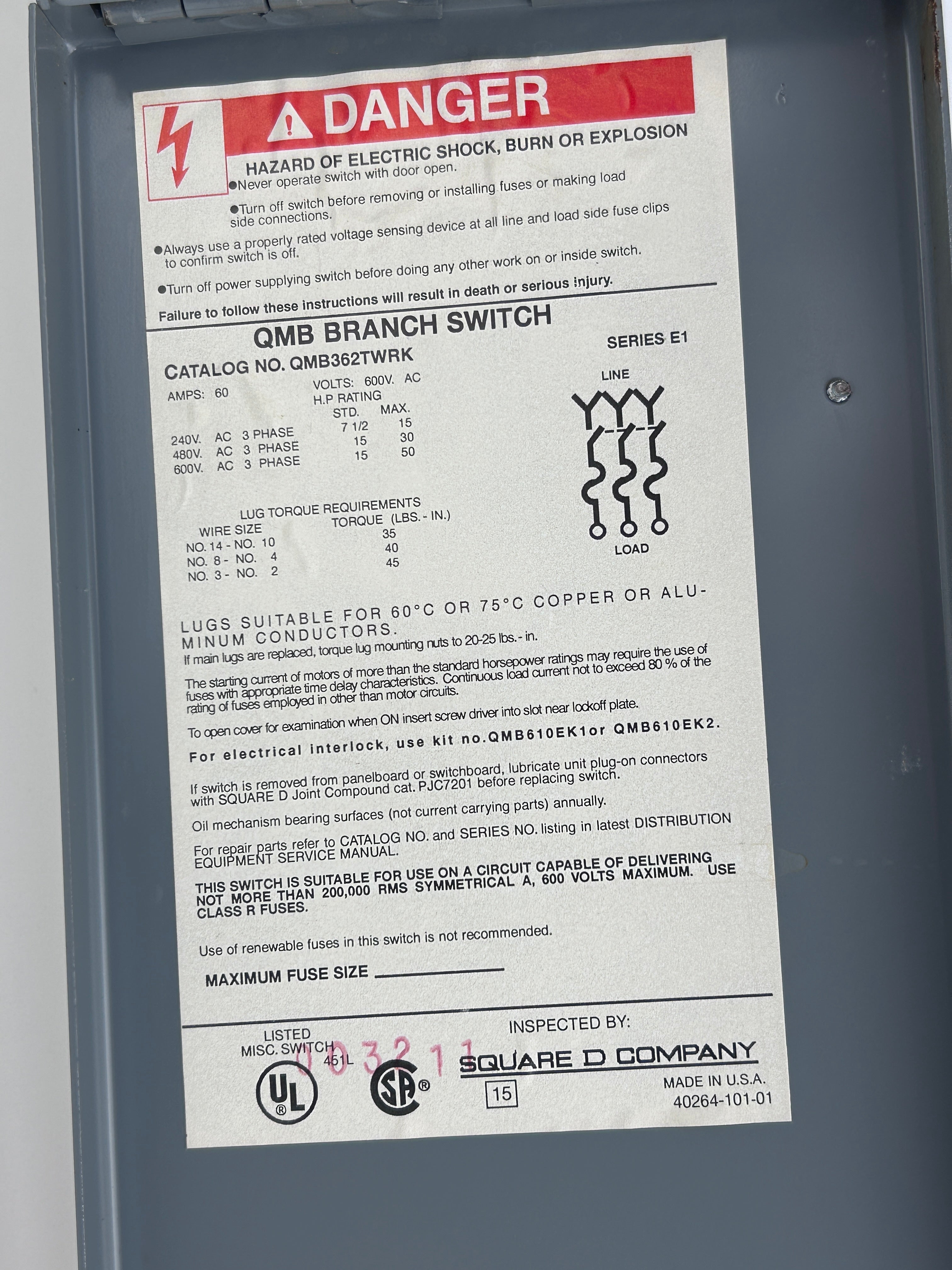 Square D QMB362TWRK Fusible Twin Branch Panelboard Switch Ser E1 60A 3PH 600 VAC