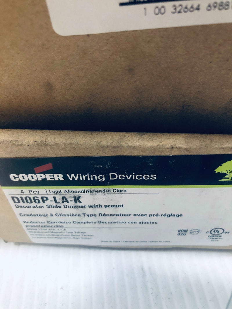 (3) Cooper Wiring Almond Decorator Slide Dimmer With Preset 600W/VA DI06-LA-K