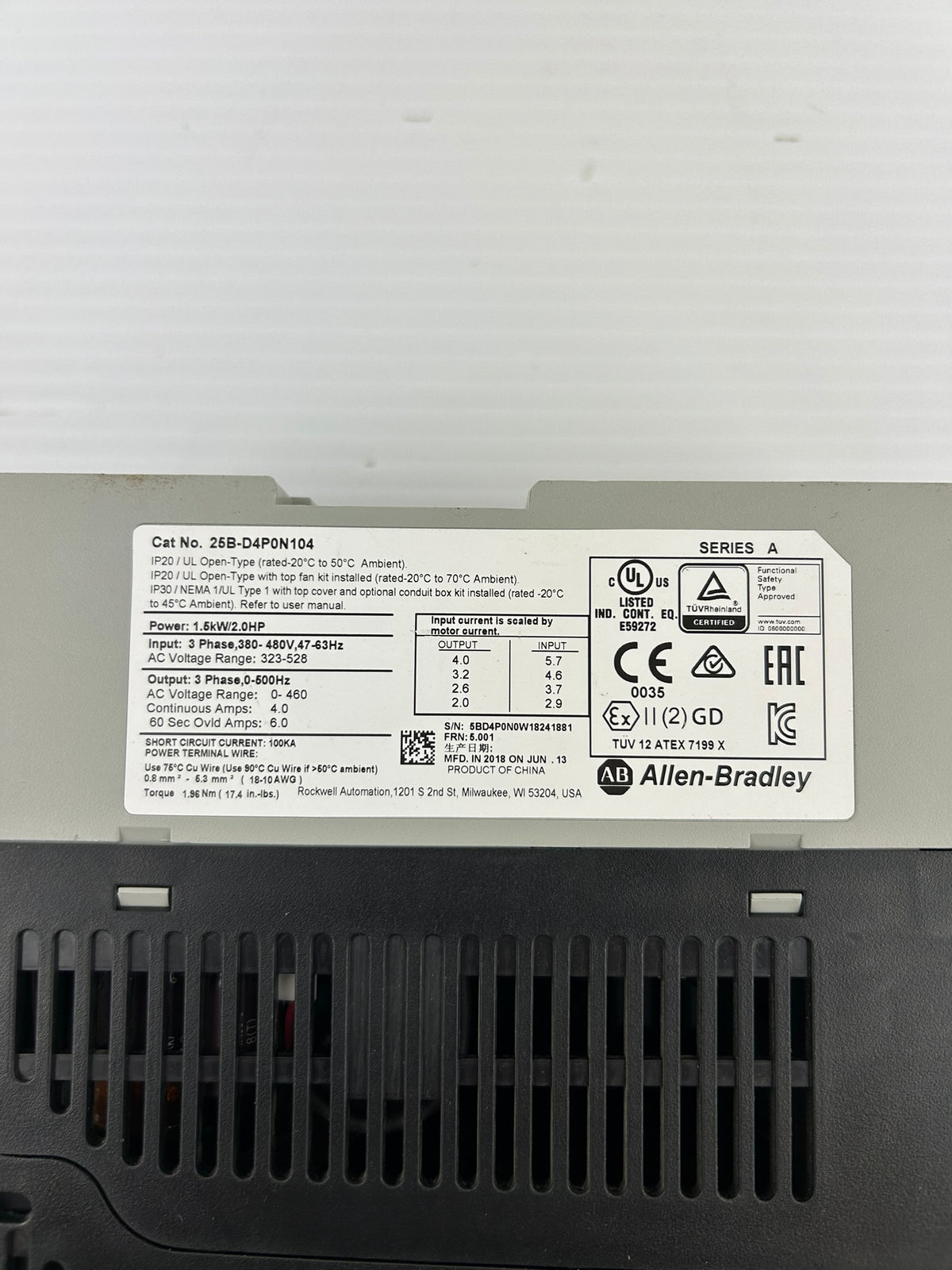 Allen-Bradley PowerFlex 525 25B-D4P0N104 1.5kW 3PH 480V AC Drive VFD