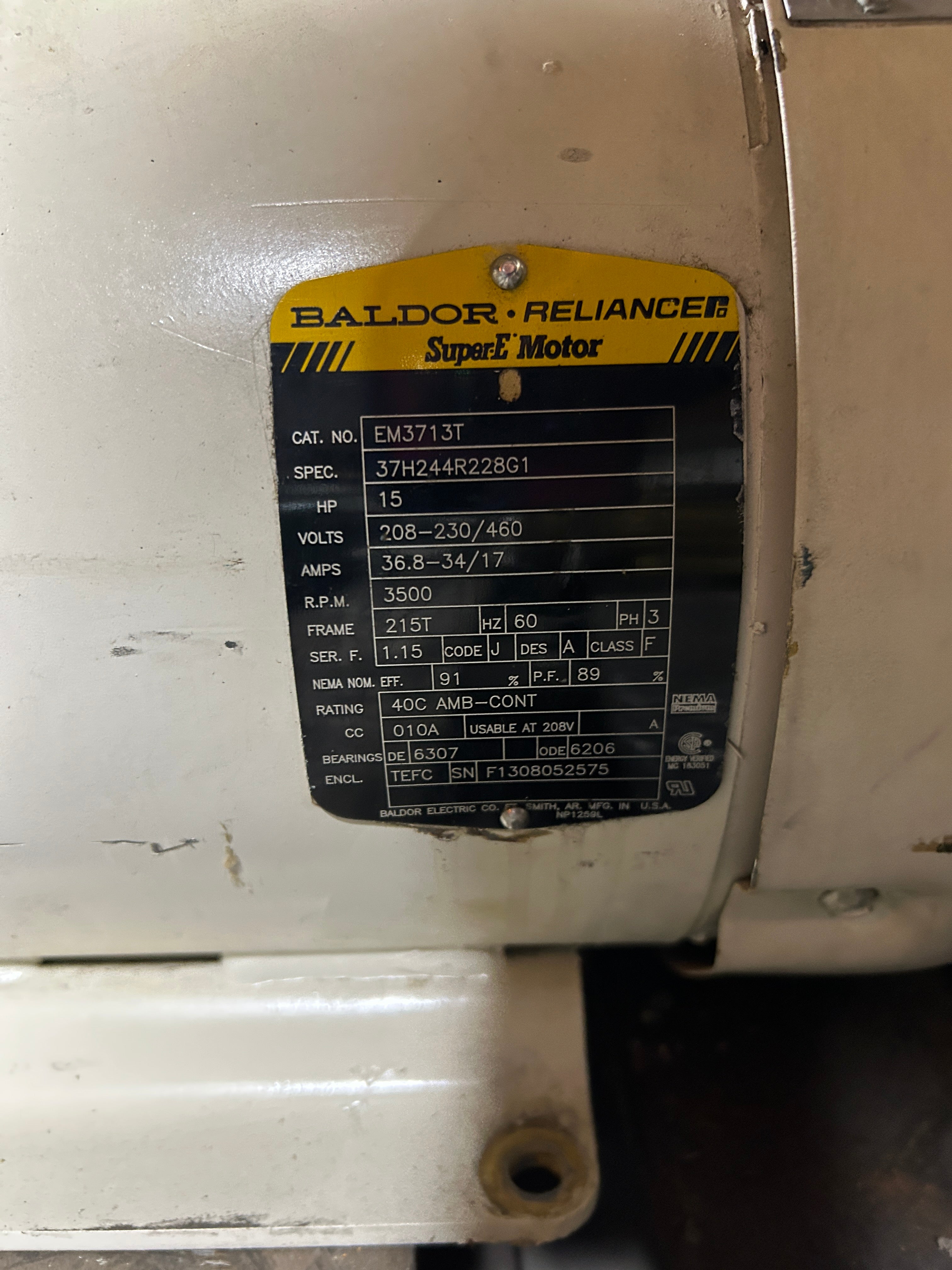 Baldor Reliance EM3713T Super-E Motor 15HP 3500RPM 3PH 215T Frame