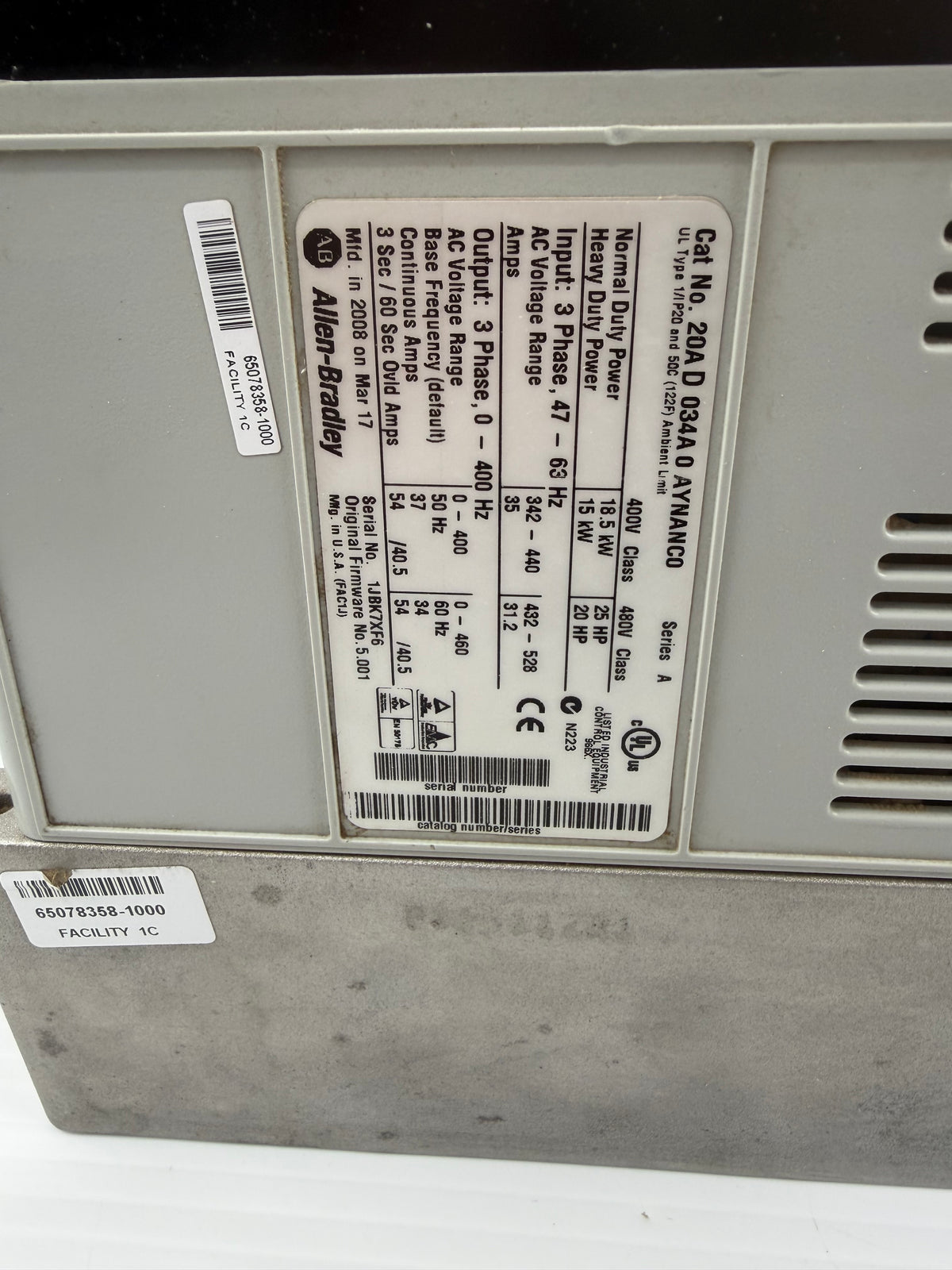 Allen Bradley PowerFlex 70 20AD034A0AYNANC0 Series A 20 HP 480V