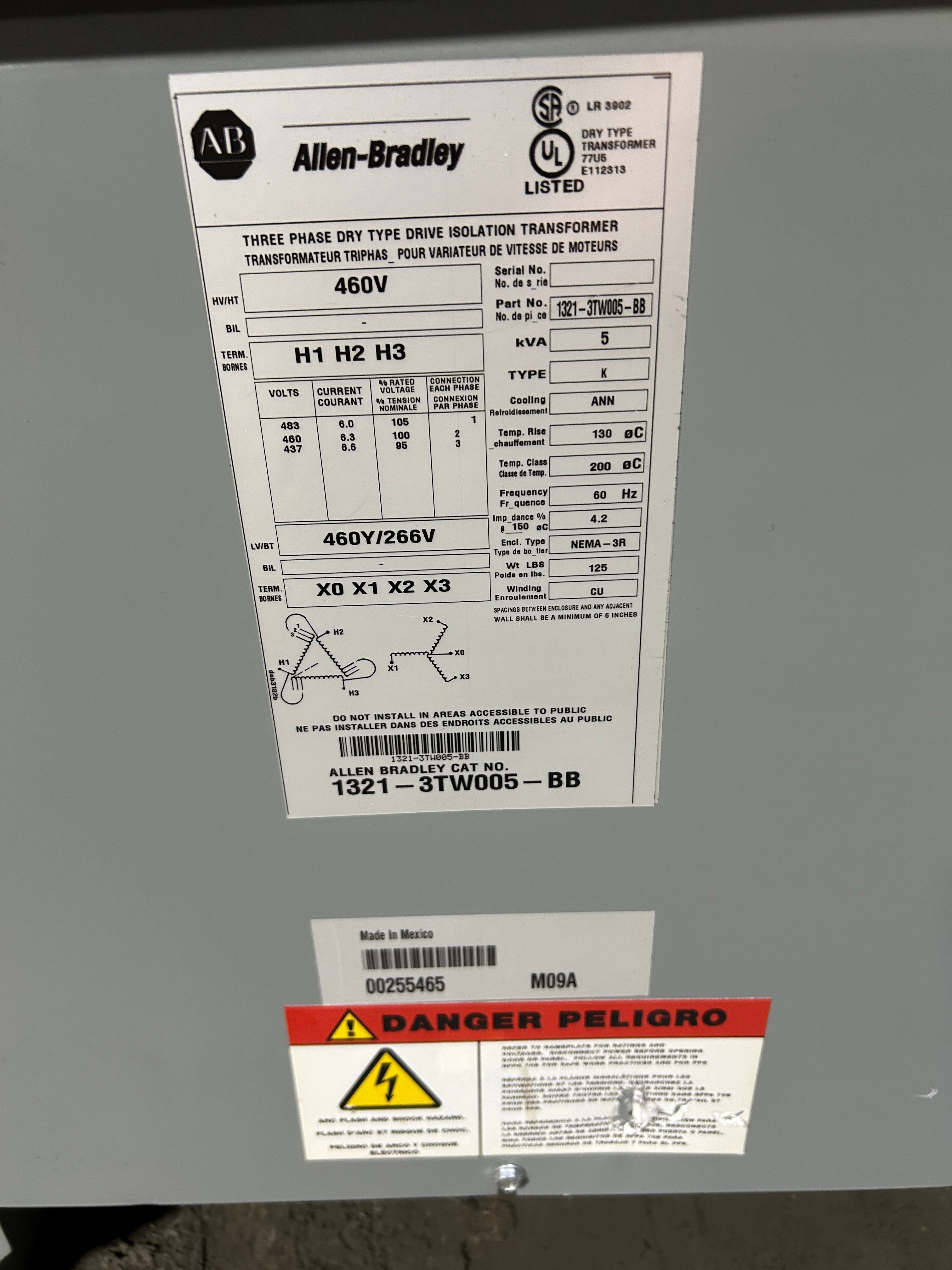 Allen-Bradley 1321-3TW005-BB Dry Type Drive Isolation Transformer 5kVA 3PH 460V