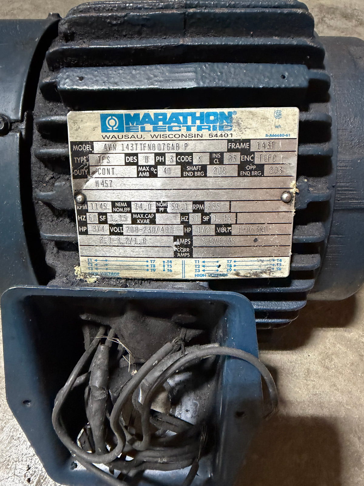 Marathon Electric Motor 4VN143TTFN8076AB P 3/4 HP 208-230/460V 1/2HP 190/380V