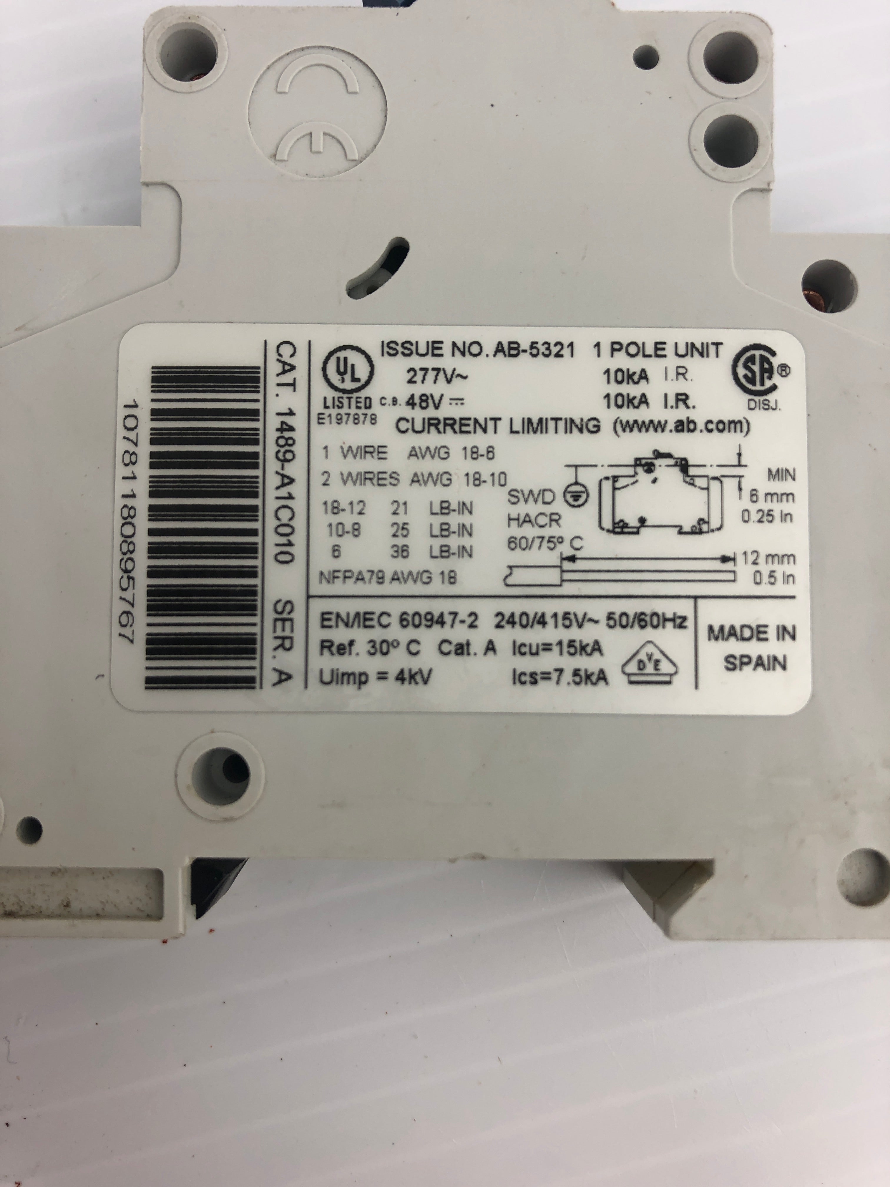 Allen-Bradley 1489-A1C010 Circuit Breaker Ser. A 277V 1A 1P 50/60Hz - Lot of 3