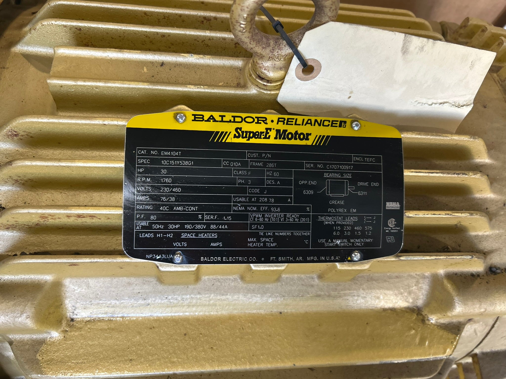 Baldor Reliance EM4104T Super-E Motor 30HP 230/460V 3PH TEFC 1760RPM 286T