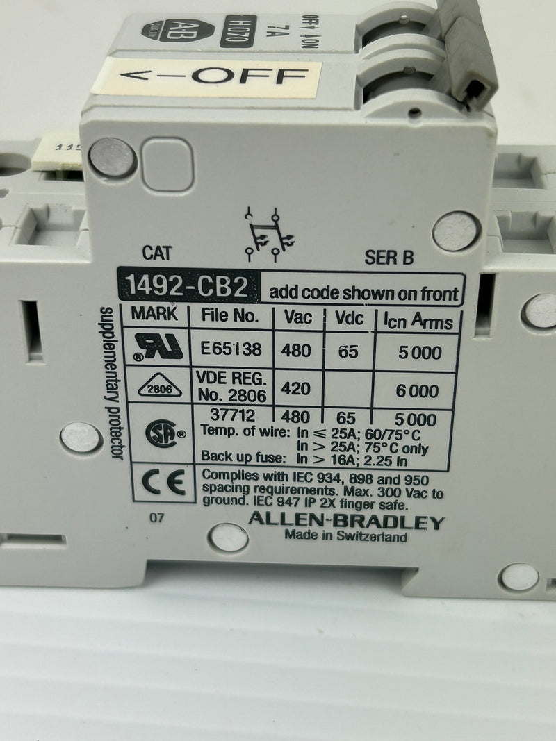 Allen-Bradley 1492-CB2 Circuit Breaker H070 Series B 480VAC 7A 2P - Lot of 3