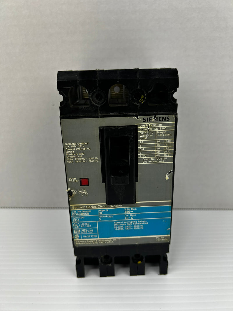 Siemens ED43B050 Circuit Breaker Sentron Series ED4 50A 3P 480V