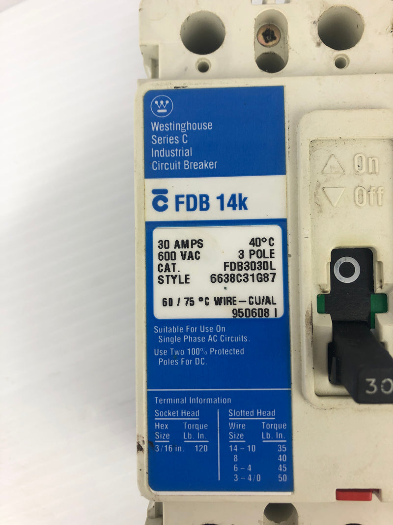 Westinghouse FDB 14K Industrial Circuit Breaker Ser. C 600VAC 30A 3P 50/60Hz