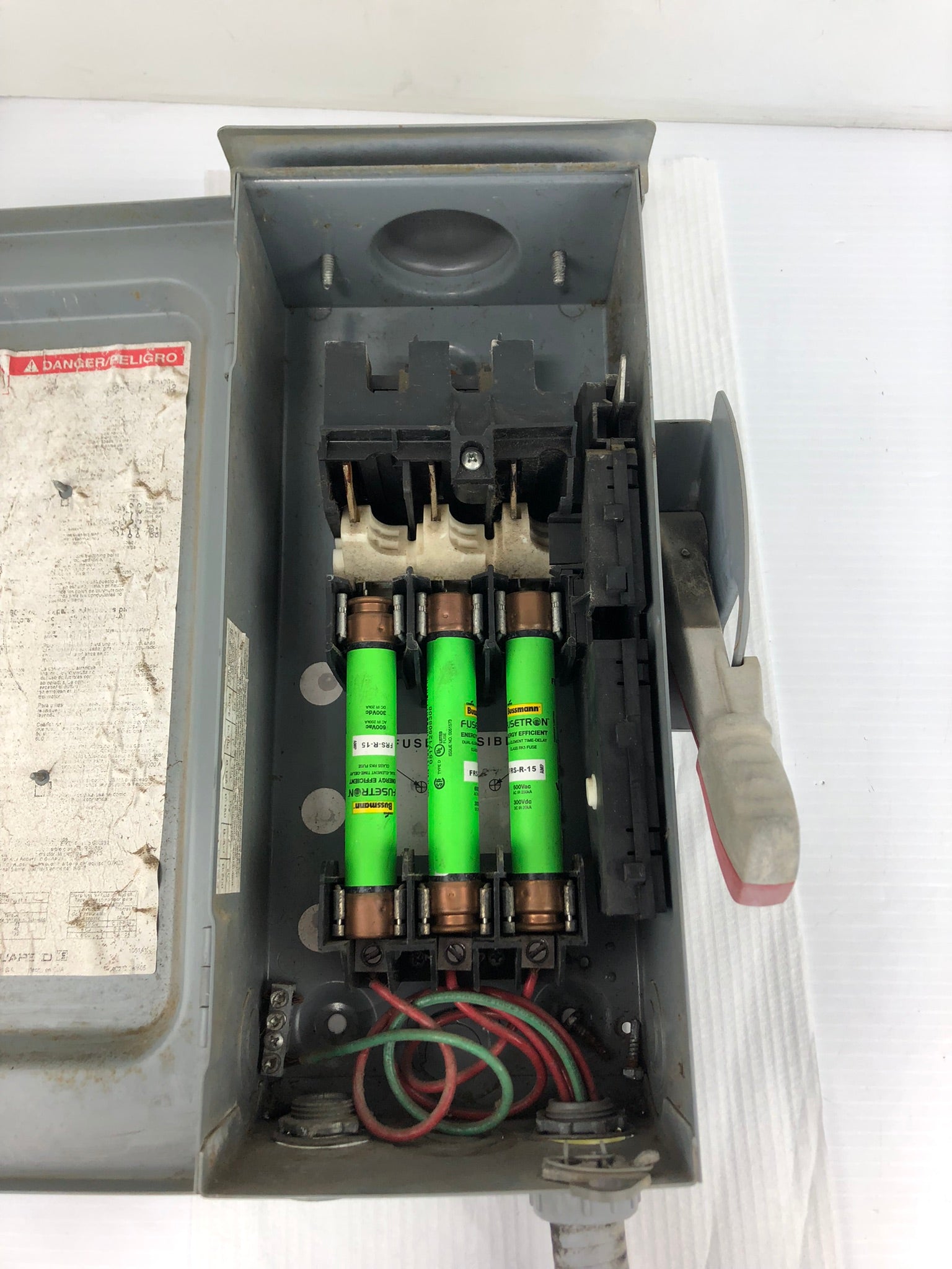 Square D Heavy Duty Safety Switch with (3) FRSR15 Bussmann Fusetron Fuses