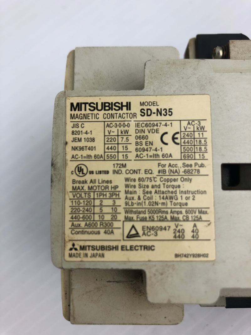 Mitsubishi SD-N35 Magnetic Contactor 110~600V 40A 3PH