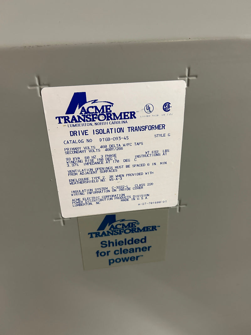 Acme DTGB-093-4S Drive Isolation Transformer 93kVA 460V 460Y/266V 3PH Style G